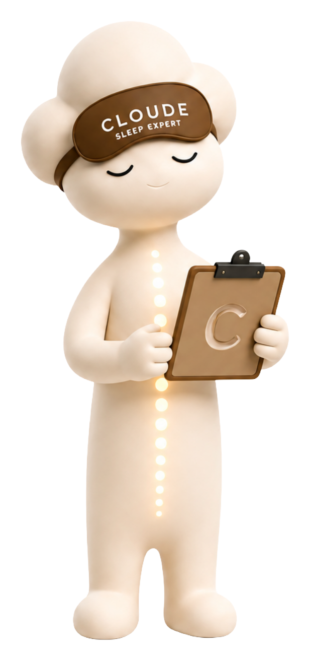 Clo, the CLOUDE sleep expert holding a sleep guidance clipboard